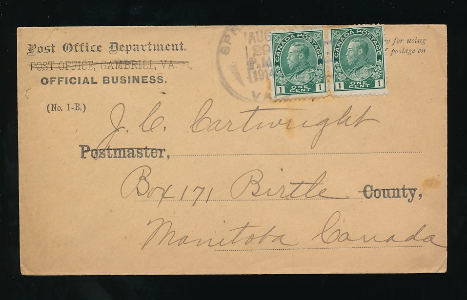 CANADA 1914 POST OFFICE OFFICIAL BUSINESS ENVELOPE 2 x 1c to MANITOBA